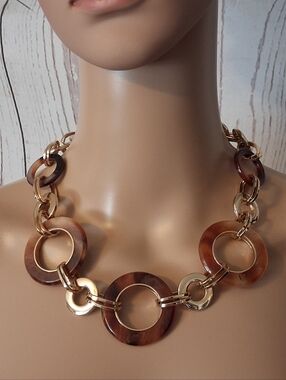 Goldtone Chain Necklace with Faux Tortoiseshell Rings - Women Jewelry